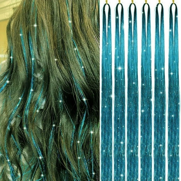 Hair Tinsel 38 Inch 1200 Strands Glitter Tinsel Hair Extensions Sparkling Shiny Hair Tinsel Strands Heat Resistant for Women Girls 6packs/set (Light Blue)