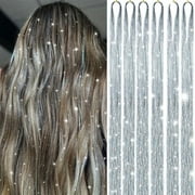 Hair Tinsel 38 Inch 1200 Strands Glitter Tinsel Hair Extensions Sparkling Shiny Hair Tinsel Strands Heat Resistant for Women Girls 6packs/set Silver