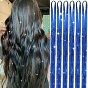 Hair Tinsel 38 Inch 1200 Strands Glitter Tinsel Hair Extensions Sparkling Shiny Hair Tinsel Strands Heat Resistant for Women Girls 6packs/set Blue