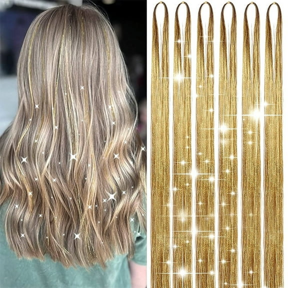 Hair Tinsel 38 Inch 1200 Strands Glitter Tinsel Hair Extensions Sparkling Shiny Hair Tinsel Strands Heat Resistant for Women Girls 6packs/set (Gold)