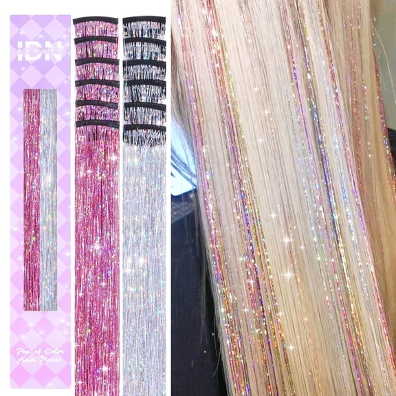 Hair Tinsel Clip in Dreamy Colorful Fairy Hair Tinsel Kit, 12 Pcs 24 Inch Glitter Clip in Hair Extensions for Girls Women Kids Christmas New Year Festival Party (Pink-Purple)
