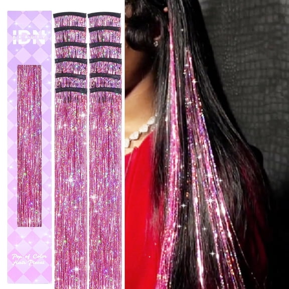 Hair Tinsel Clip in Dreamy Colorful Fairy Hair Tinsel Kit, 12 Pcs 24 Inch Glitter Clip in Hair Extensions for Girls Women Kids Christmas New Year Festival Party (Pink-Purple)