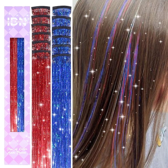 Hair Tinsel Clip in Dreamy Colorful Fairy Hair Tinsel Kit, 12 Pcs 24 Inch Glitter Clip in Hair Extensions for Girls Women Kids Christmas New Year Festival Party (Pink-Purple)