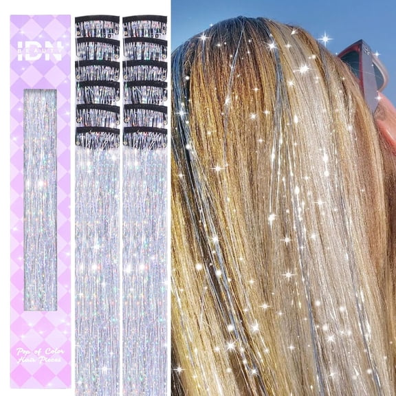 Hair Tinsel Clip in Dreamy Colorful Fairy Hair Tinsel Kit, 12 Pcs 24 Inch Glitter Clip in Hair Extensions for Girls Women Kids Christmas New Year Festival Party (Pink-Purple)