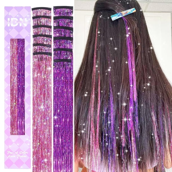 Hair Tinsel Clip in Dreamy Colorful Fairy Hair Tinsel Kit, 12 Pcs 24 Inch Glitter Clip in Hair Extensions for Girls Women Kids Christmas New Year Festival Party (Pink-Purple)