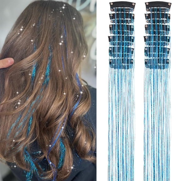 Hair Tinsel Clip In, 12Pcs 20 Inch Blue Glitter Hair Extensions, Sparkling Fairy Hair Tinsel Accessories Kit Hair Extensions, Clip on Tinsel Hair for Women Party Birthday Travel