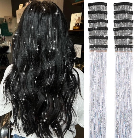 Hair Tinsel Clip In, 12Pcs 20 Inch Silver Glitter Hair Extensions, Sparkling Fairy Hair Tinsel Accessories Kit Hair Extensions, Clip on Tinsel Hair for Women Party Birthday Travel
