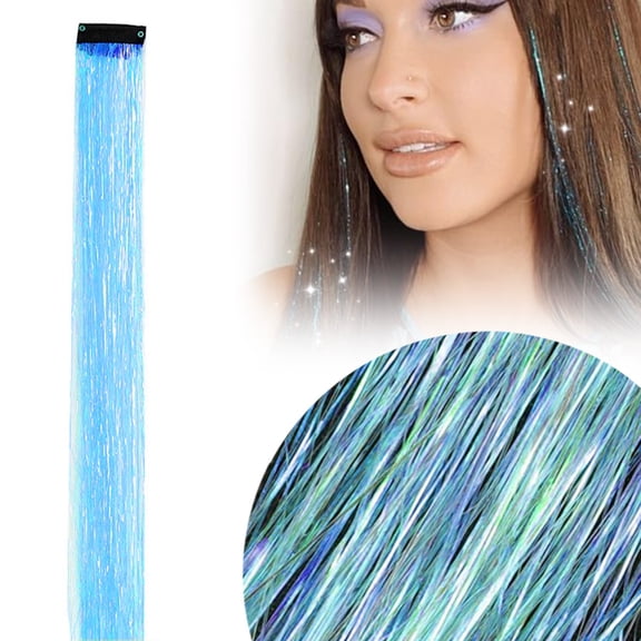 Hair Tinsel Clip In, 20 Inch Straight Glitter Hair Extensions, Sparkling Fairy Hair Tinsel Synthetic Hairpieces Colored Streak, Hair Tinsel For Women Party Hair Styling (Neon Blue)
