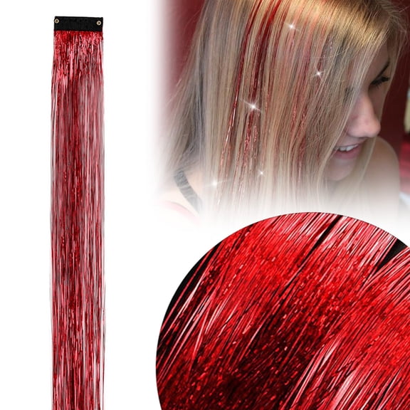 Hair Tinsel Clip In, 20 Inch Straight Glitter Hair Extensions, Sparkling Fairy Hair Tinsel Synthetic Hairpieces Colored Streak, Hair Tinsel For Women Party Hair Styling (Red)