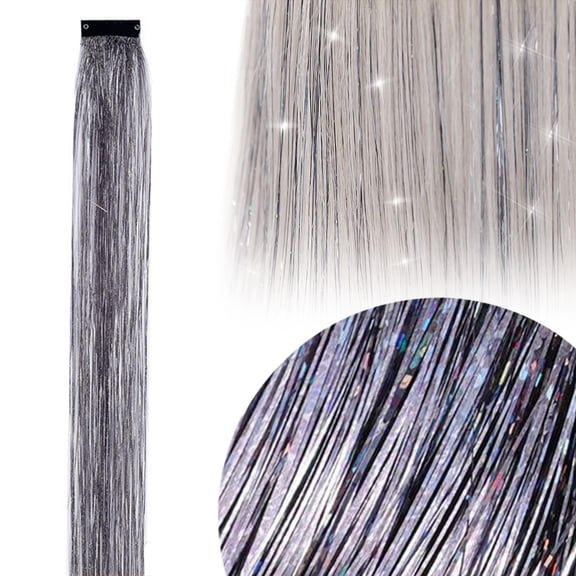 Hair Tinsel Clip In, 20 Inch Straight Glitter Hair Extensions, Sparkling Fairy Hair Tinsel Synthetic Hairpieces Colored Streak, Hair Tinsel For Women Party Hair Styling (Grey)