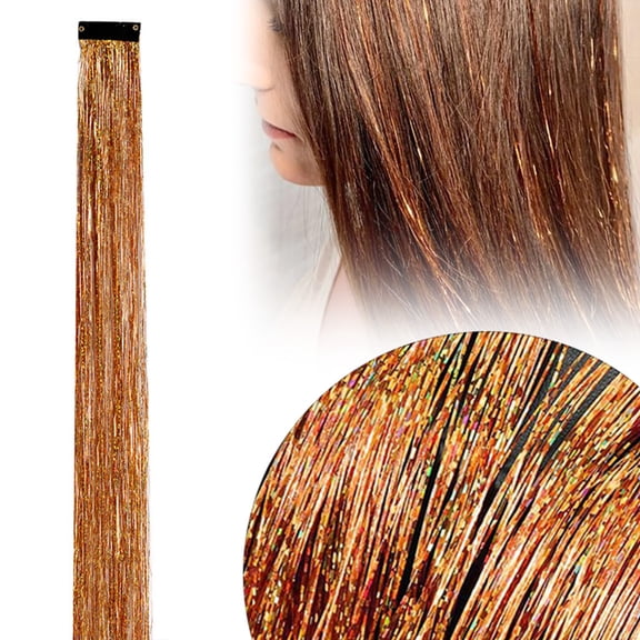 Hair Tinsel Clip In, 20 Inch Straight Glitter Hair Extensions, Sparkling Fairy Hair Tinsel Synthetic Hairpieces Colored Streak, Hair Tinsel For Women Party Hair Styling (Champagne)