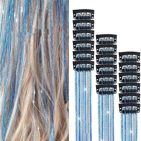 Hair Tinsel Clip in Champagne, Clip in Hair Tinsel, Pack of 18PCS, 20 Inch Glitter Tinsel Hair Extensions