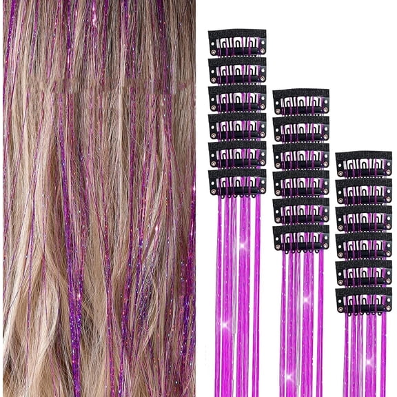 Hair Tinsel Clip in Champagne, Clip in Hair Tinsel, Pack of 18PCS, 20 Inch Glitter Tinsel Hair Extensions