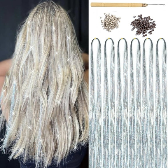 Hair Tinsel Extensions, 1200 Strands Hair Tinsel Kit with Tools,Sparkling Shinny Glitter Tensile Hair Extensions, Straight Shiny Tinsel Synthetic Hair for Women Girls Party Decoration-47Inch, Silver