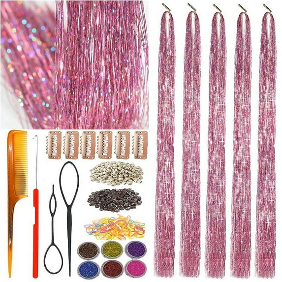 Hair Tinsel Green,Fairy Hair Kit,Sparkling Shiny Highlights Glitter Tinsel Hair Extensions for Women Girls Children(48 Inch Pack of 5Pcs, Grass Green)