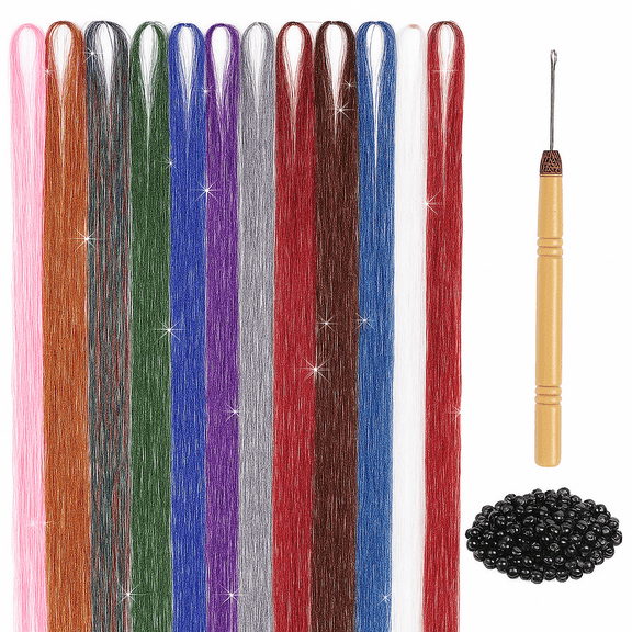 Hair Tinsel Kit 12 Colors 47inch 2400 Strands Silver Glitter Extensions Heat Resistant Party Herbiar