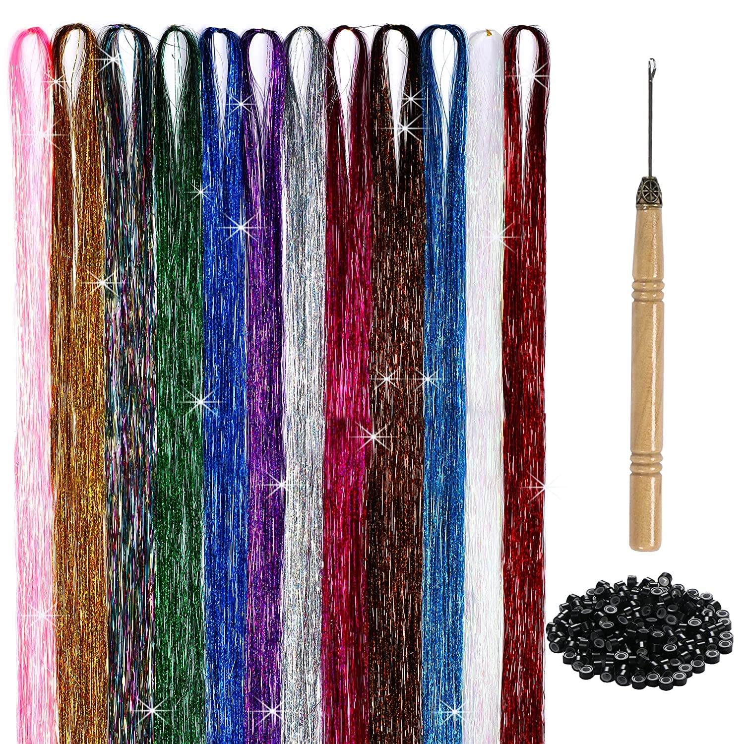 Herbiar 12 Colors Hair Tinsel Kit, 47inch 2400 Strands, Glittery Silver Extensions, Heat