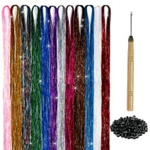 Hair Tinsel Kit 12 Colors 47inch 2400 Strands Silver Glitter Extensions Heat Resistant Party Herbiar