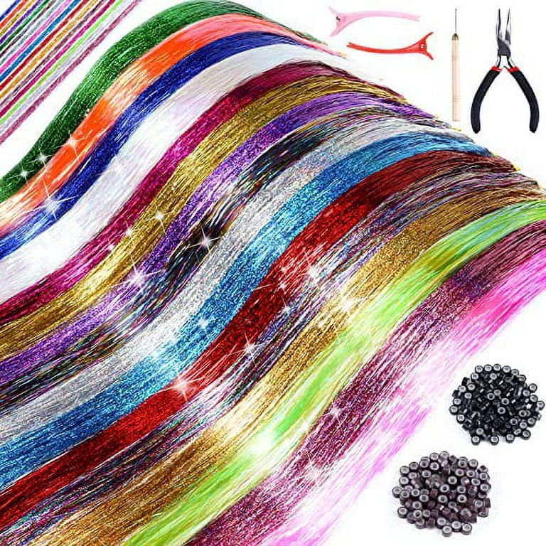Sygy Hair Tinsel Kit, 15 Colors 3000 Strands Tinsel Hair Extensions and 12 Colors 24 Pcs Hair Feathers Extensions Kit with Tools, Fairy Hair Tinsel