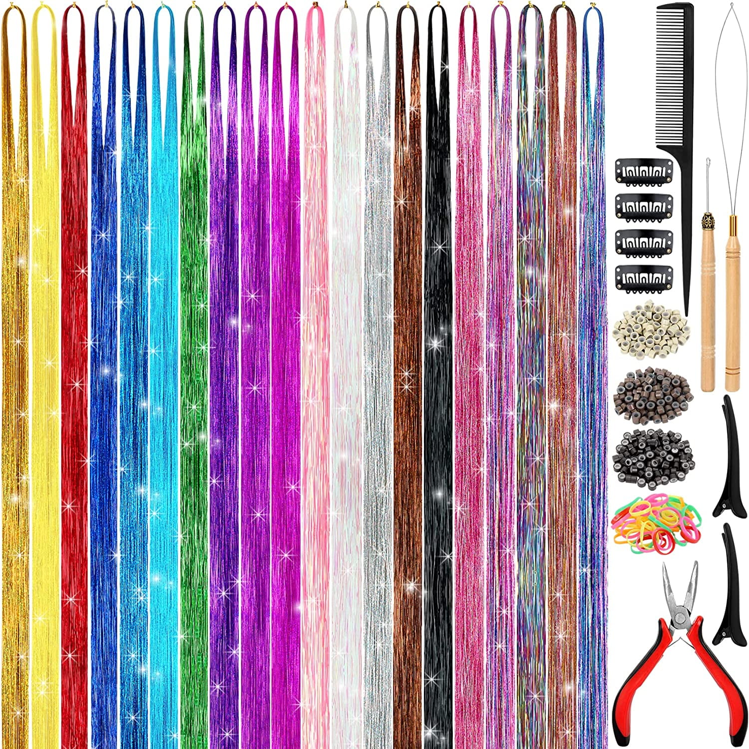 Hair Tinsel Kit (48 inch, 20 Colors), Hair Extensions with Tools, Heat Resistant Hair Wire for Women Girls