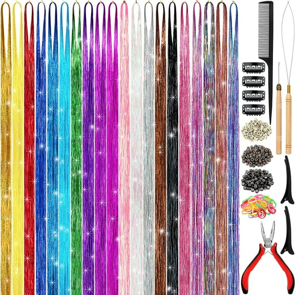 Hair Tinsel Kit (48 inch, 20 Colors), Hair Extensions with Tools, Heat Resistant Hair Wire for Women Girls