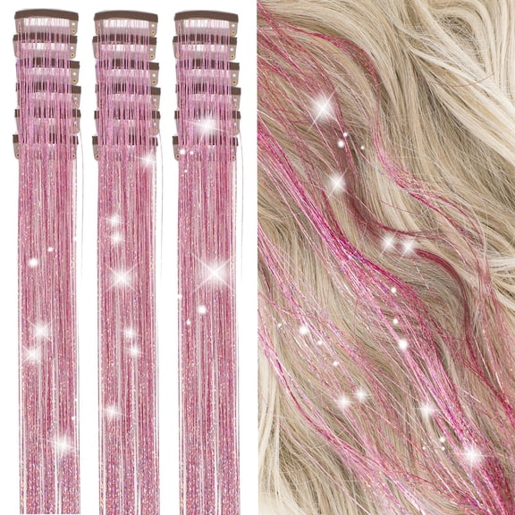 Hair Tinsel Kit Pack of 12 Pcs Hair Tinsel Clip in 19.6Inch Glitter Tinsel Hair Extensions Heat Resistant Clip in Hair Tinsel Sparkle Fairy Hair Accessories for Kids Girls Women (Pink)