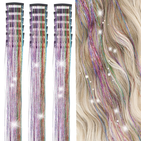 Hair Tinsel Kit Pack of 12 Pcs Hair Tinsel Clip in 19.6Inch Glitter Tinsel Hair Extensions Heat Resistant Clip in Hair Tinsel Sparkle Fairy Hair Accessories for Kids Girls Women (Pink)