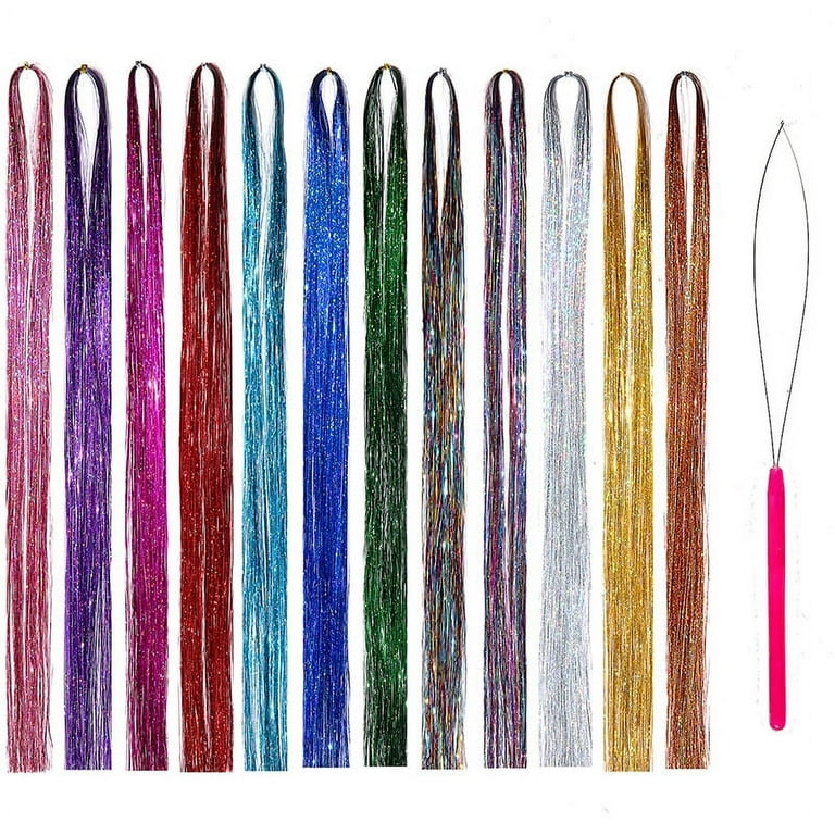 Hair Tinsel Strands,12 Colors 3200 Strands 46inches Glitter Hair Tinsel  Extensions Pliers Pulling Hook Tool Kits Hairpin Silicone Bead Micro Rings  for Fairy Hair Tinsel Extensions 12Color-Hair Tinsel