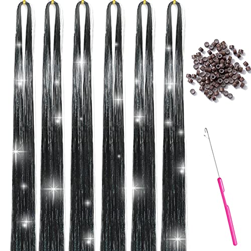 Silver Hair Tinsel Kit With Tool Hair Tinsel Heat Resistant Fairy Hair  Glitter Hair Extensions 6Pcs 1200Strands, Sparkling Shiny Hair Tinsel  Tensile