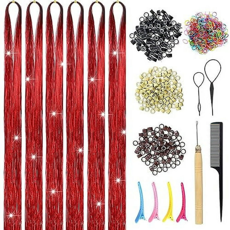 Hair Tinsel Kit With Tools Tinsel Hair Extensions 6Pcs 1200 Strands Fairy  Hair Tinsel Heat Resistant Glitter Hair Extensions Sparkling Shiny Hair  Tensile for Women (Red 6Pcs) 