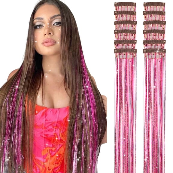 Hair Tinsel Pack of 12 Pcs Clip in Hair Tinsel 20 Inch Glitter Rose Red Tinsel Hair Extensions, Festival Tinsel Fairy Hair Extension Party Dazzle Hair Accessories Strands Kit (12Pcs,Rose Red#)