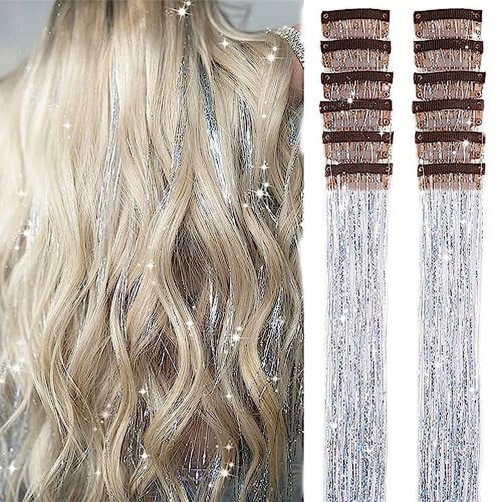 Hair Tinsel Pack of 12 Pcs Clip in Hair Tinsel Kit , 20 Inch Glitter
