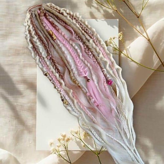 Hair Tinsel Pre stretched Braiding Hair Elastic Dread Ponytail Boho Dreadlock Hair Easy Elastic Ponytail Attachment for Festival Travel Valentine's Day Party (White-Pink)