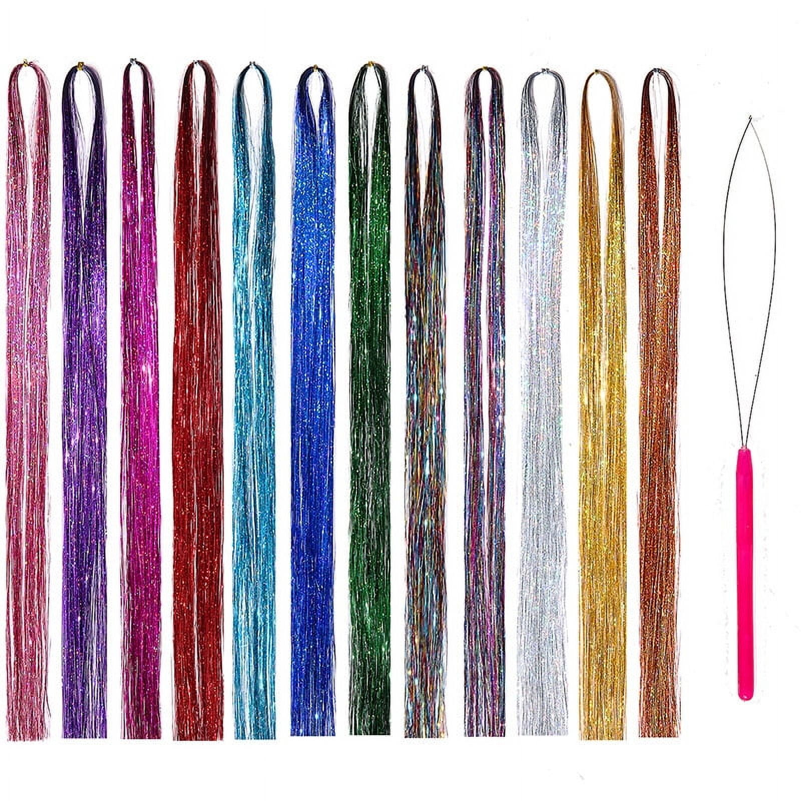 Hair Tinsel Strands With Tools 12 Colors Strands Fairy Hair Heat Resistant Glitter Hair Tinsel Strands Kit 47 Inch Sparkling Shiny Hair Extensions