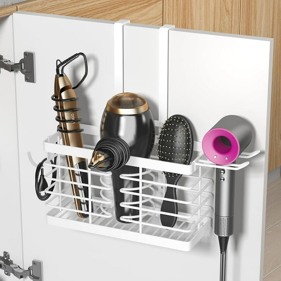 Hair Tool Organizer, 3-in-1 Universal Hair Dryer Holder, Adjustable Height Metal Blow Dryer Holder Wall Mounted/Over Cabinet Door/Free-Standing, Bathroom Organizer and Storage(White)