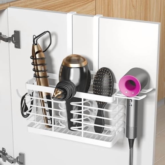 Hair Tool Organizer, 3-in-1 Universal Hair Dryer Holder, Adjustable Height Metal Blow Dryer Holder Wall Mounted/Over Cabinet Door/Free-Standing, Bathroom Organizer and Storage(White)