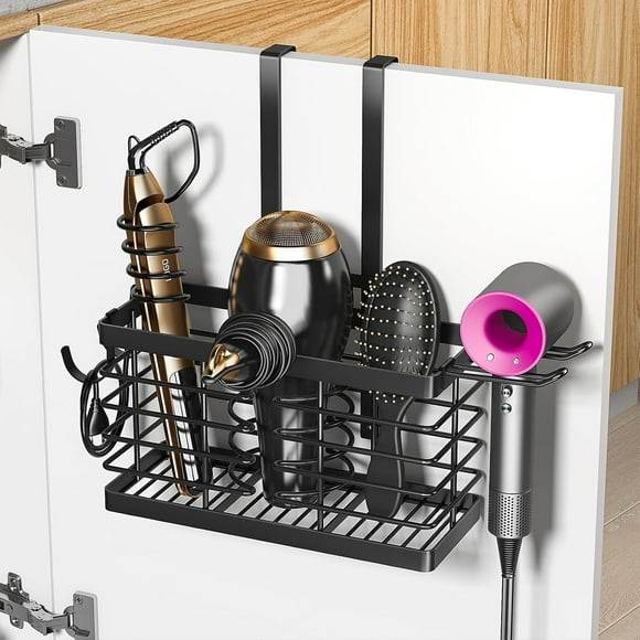 3-in-1 Hair Dryer Holder Organizer, Adjustable Height Metal Wall Mount or Over Cabinet Door, Curling Iron Storage Rack with Strong Adhesive, Black