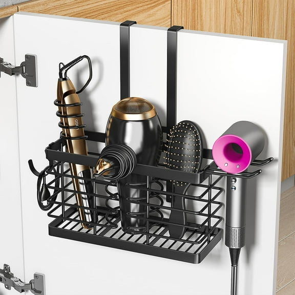 Hair Tool Organizer Wall Mount, 3-in-1 Adjustable Metal Hair Dryer Holder for Cabinet Door or Free Standing, Universal Styling Tools Storage, Black