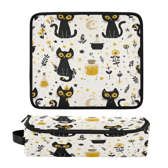 Hair Tool Organizer Bag with Heat Resistant Mat Removable Travel Storage Case for Hot Air Brushes Curling Irons Black Cat Seamless Pattern