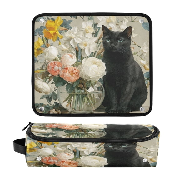 Hair Tool Organizer Bag with Heat Resistant Mat Removable Travel Storage Case for Hot Air Brushes Curling Irons Black Cat and Glass Vase
