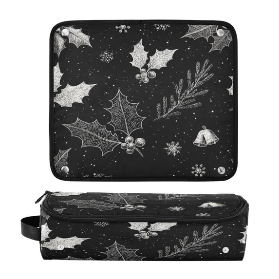 Hair Tool Organizer Bag with Heat Resistant Mat Removable Travel Storage Case for Hot Air Brushes Curling Irons Black Holly Leaves