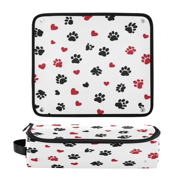 Hair Tool Organizer Bag with Heat Resistant Mat Removable Travel Storage Case for Hot Air Brushes Curling Irons Black Paws and Hearts Pattern