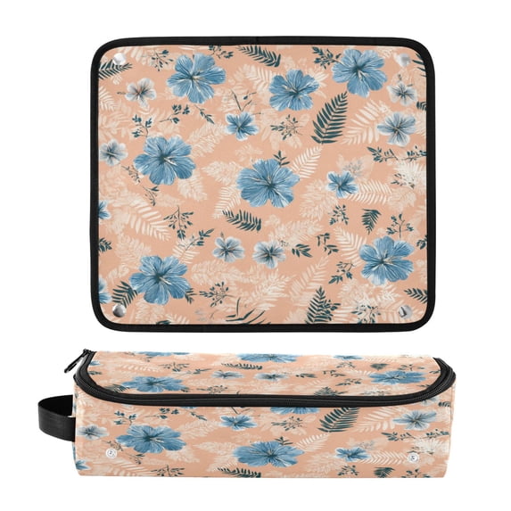 Hair Tool Organizer Bag with Heat Resistant Mat Removable Travel Storage Case for Hot Air Brushes Curling Irons Blue Flowers and Pink Leaves