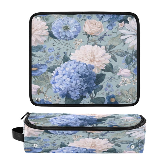 Hair Tool Organizer Bag with Heat Resistant Mat Removable Travel Storage Case for Hot Air Brushes Curling Irons Blue and White Flower Pattern