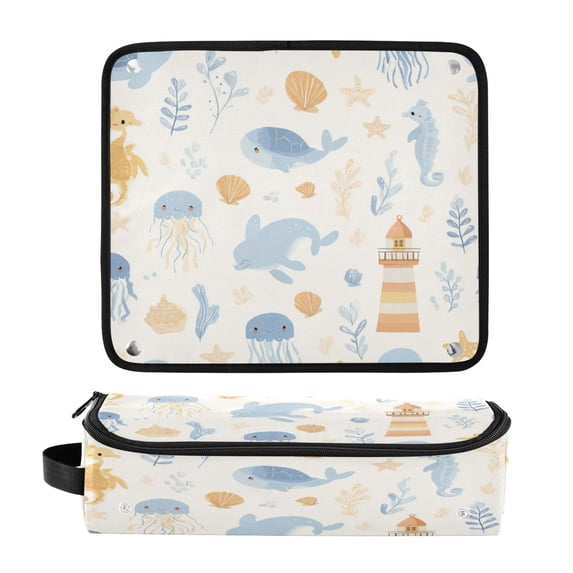 Hair Tool Organizer Bag with Heat Resistant Mat Removable Travel Storage Case for Hot Air Brushes Curling Irons Blue and Yellow Sea Animals