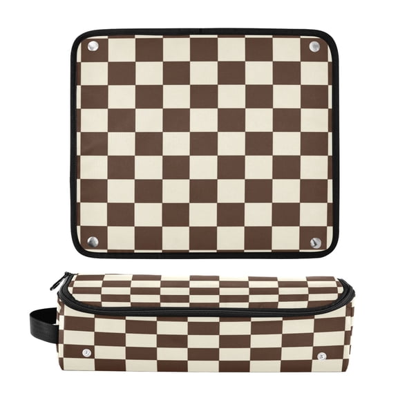 Hair Tool Organizer Bag with Heat Resistant Mat Removable Travel Storage Case for Hot Air Brushes Curling Irons Brown and Cream Checkered
