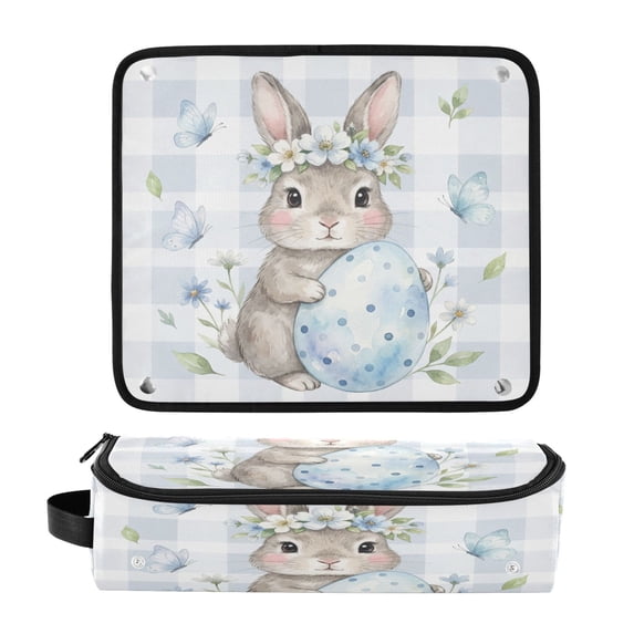Hair Tool Organizer Bag with Heat Resistant Mat Removable Travel Storage Case for Hot Air Brushes Curling Irons Bunny Holding Blue Easter Egg