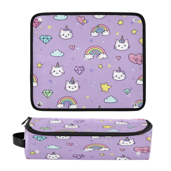 Hair Tool Organizer Bag with Heat Resistant Mat Removable Travel Storage Case for Hot Air Brushes Curling Irons Cat Face and Rainbows Pattern
