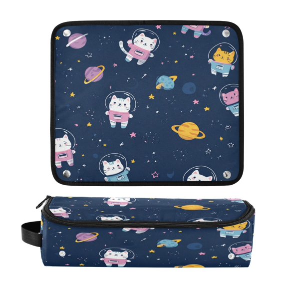 Hair Tool Organizer Bag with Heat Resistant Mat Removable Travel Storage Case for Hot Air Brushes Curling Irons Cats in Space Suits