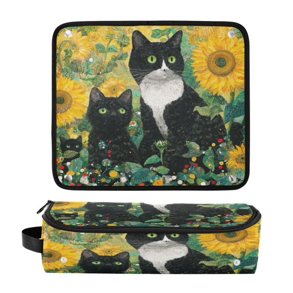 Hair Tool Organizer Bag with Heat Resistant Mat Removable Travel Storage Case for Hot Air Brushes Curling Irons Cats in Sunflowers Garden